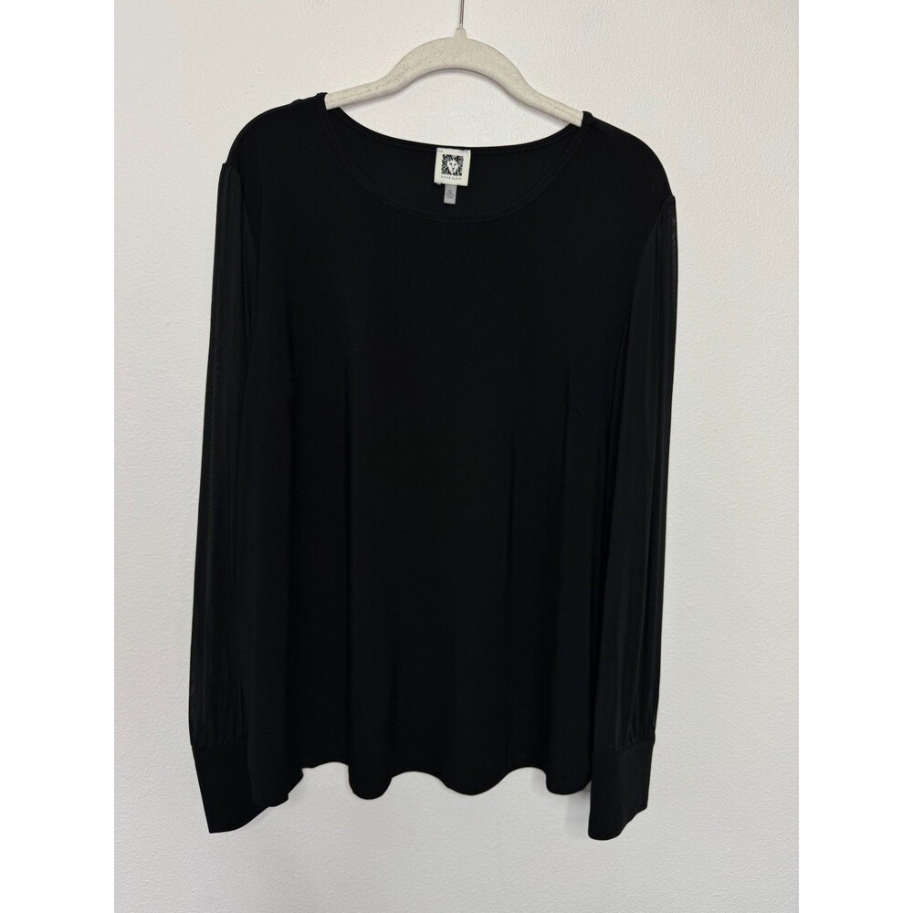 Anne Klein XL Black Long Sheer Sleeve Top Round Neck Smocked Cuffs Office Work